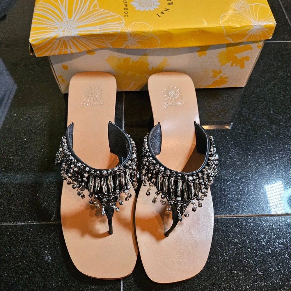 Yellow Box Alexis Black Beaded Thong Wedge Sandals Womens 10 1-01736